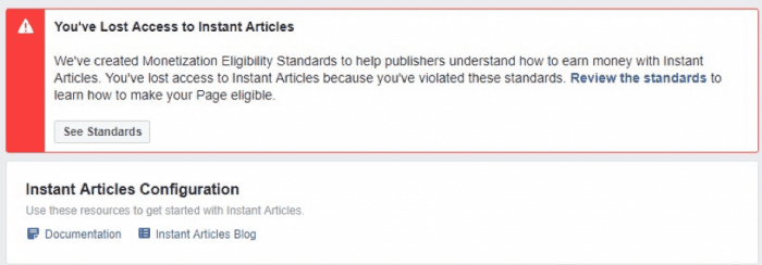 facebook instant articles lost access