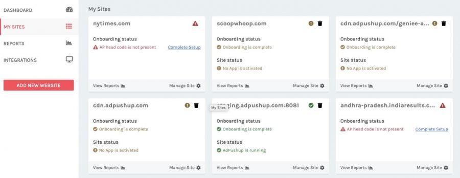 Adpushup review - sites dashboard